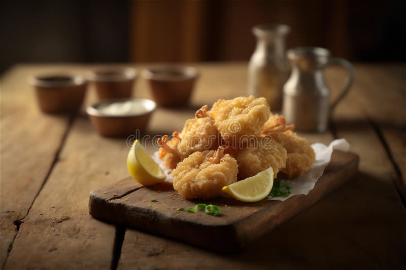 Crevettes panées frites sur table en bois rustique. délicieux fruits de mer. ai généré. vue closeup