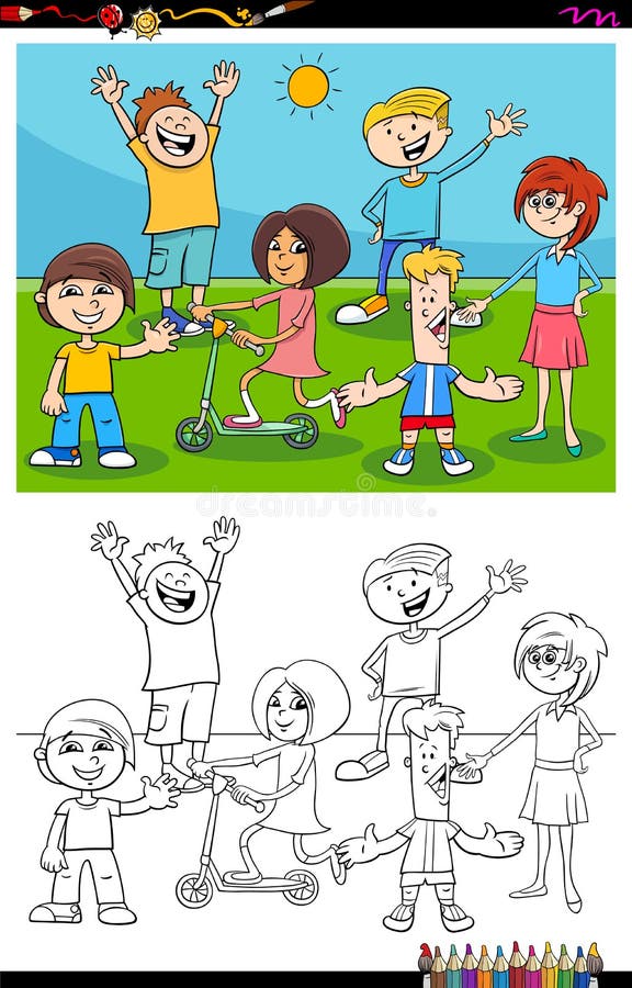 Crianças Na Página Do Livro Para Colorir Do Campo De Jogos Ilustração do  Vetor - Ilustração de jogo, terra: 77958273