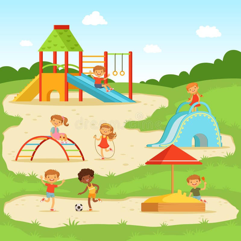 Grupo De Crianças Que Jogam O Jogo Em Um Parque Público Ou Playground Da  Escola Com Balanços, Slides, Skate, Bola, Lápis De Cor, Corda, Jogo Do  Catch-up. Infância Feliz. Ilustração Moderna. Clipart