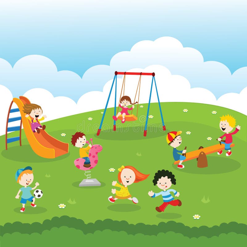 Grupo De Crianças Que Jogam O Jogo Em Um Parque Público Ou Playground Da  Escola Com Balanços, Slides, Skate, Bola, Lápis De Cor, Corda, Jogo Do  Catch-up. Infância Feliz. Ilustração Moderna. Clipart