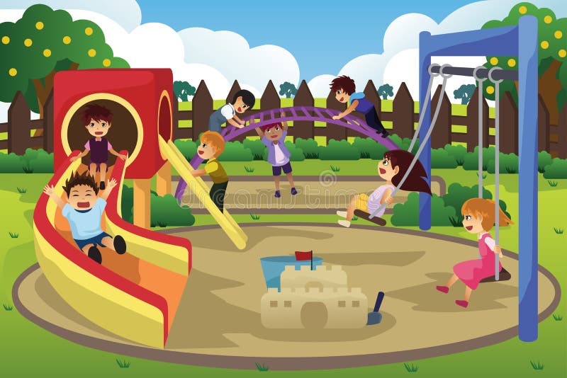 Grupo De Crianças Que Jogam O Jogo Em Um Parque Público Ou Playground Da  Escola Com Balanços, Slides, Skate, Bola, Lápis De Cor, Corda, Jogo Do  Catch-up. Infância Feliz. Ilustração Moderna. Clipart