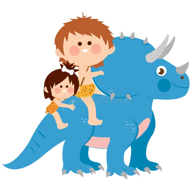 gráfico plano Projeto desenhando adorável pequeno Garoto e menina homem das  cavernas equitação triceratops junto. criança sentado em costas do  dinossauro. pedra era crianças. antigo humano vida. desenho animado estilo  vetor ilustração