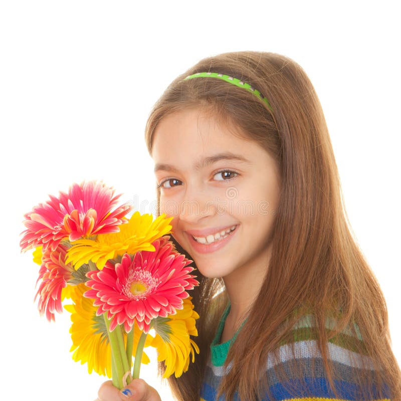 Criança com grupo de flores imagem de stock Criança com grupo de flores imagem de stock