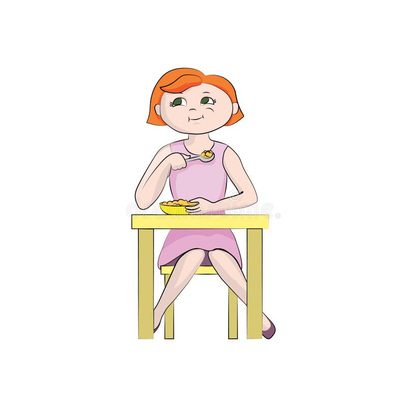 A criança da menina come na tabela Ilustração de cor do vetor ilustração do vetor A criança da menina come na tabela Ilustração de cor do vetor ilustração do vetor