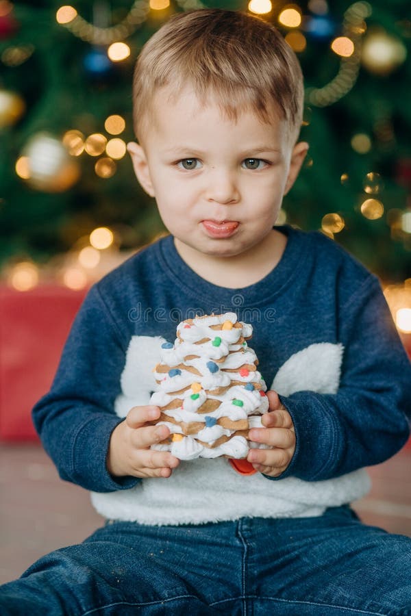 A criança do Natal do ano novo do feriado come o bolo delicioso foto de stock A criança do Natal do ano novo do feriado come o bolo delicioso foto de stock