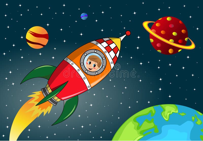 Illustration featuring a happy kid flying in space by a cartoon space rocket. Illustration featuring a happy kid flying in space by a cartoon space rocket