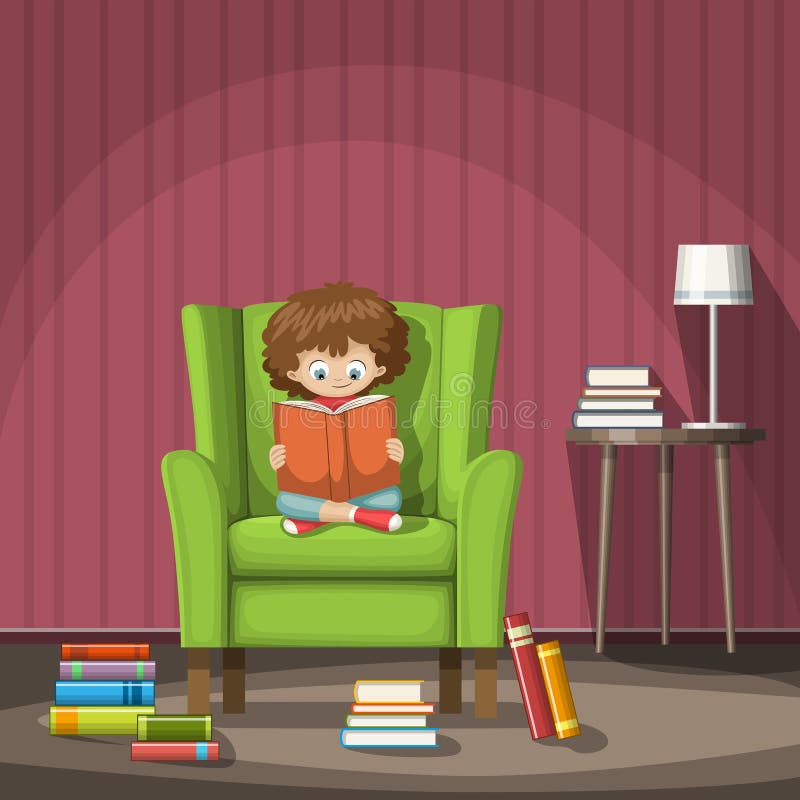 A criança senta-se em uma cadeira e lê-se um livro ilustração royalty free A criança senta-se em uma cadeira e lê-se um livro ilustração royalty free