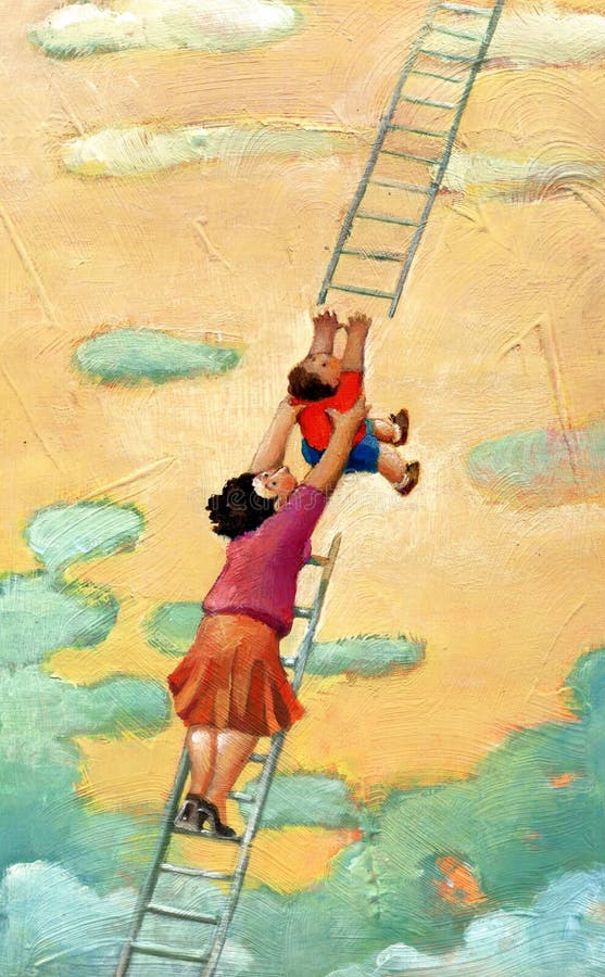 A mother raises her son to a staircase that descends from the sky. A mother raises her son to a staircase that descends from the sky