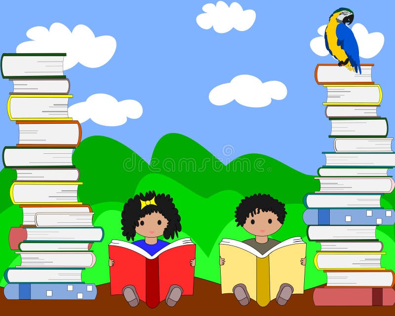 Crianças africanas que sentam-se entre pilhas de livros e de leitura ilustração royalty free Crianças africanas que sentam-se entre pilhas de livros e de leitura ilustração royalty free