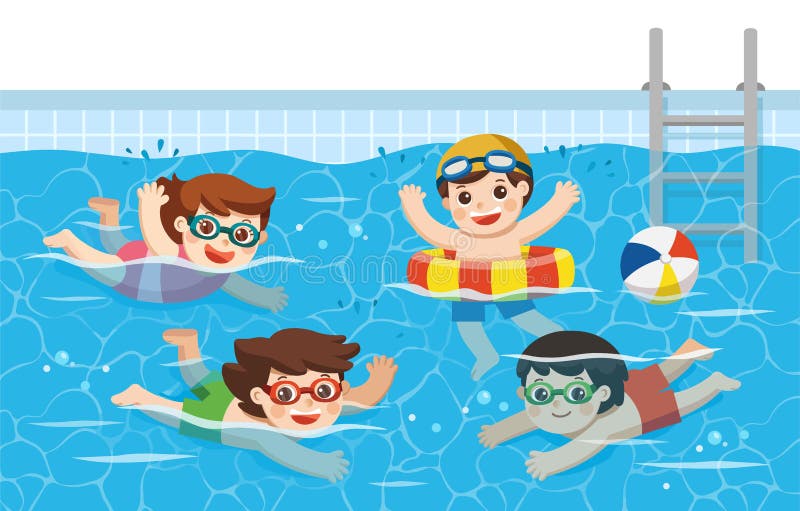 Crianças alegres e ativas que nadam na piscina