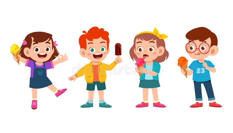 Crianças bonitas e felizes comem sorvete ilustração do vetor