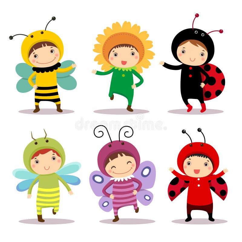 Crianças bonitos que vestem trajes do inseto e da flor