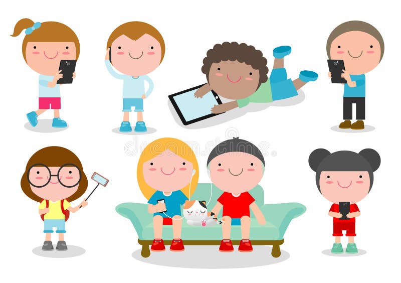 Crianças com dispositivos, caráteres menino das crianças e menina com móbil, crianças com dispositivos, tabuleta da criança, pess ilustração royalty free Crianças com dispositivos, caráteres menino das crianças e menina com móbil, crianças com dispositivos, tabuleta da criança, pess ilustração royalty free
