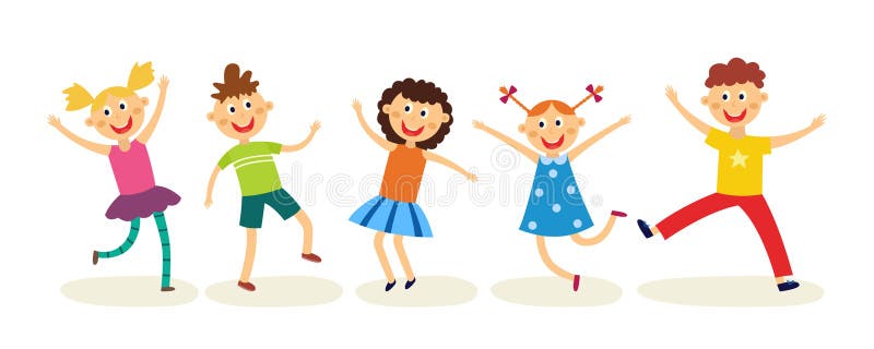 Crianças da dança ajustadas no estilo liso - as crianças alegres felizes têm o divertimento, saltam e dançam isolado no fundo bra ilustração do vetor Crianças da dança ajustadas no estilo liso - as crianças alegres felizes têm o divertimento, saltam e dançam isolado no fundo bra ilustração do vetor