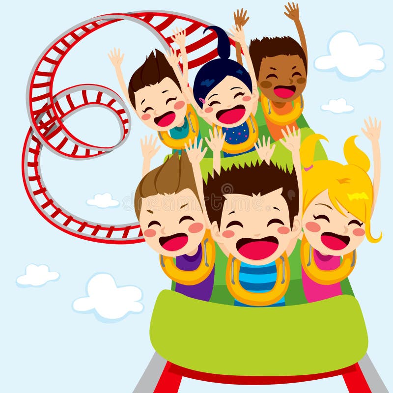 Happy children enjoy roller coaster ride screaming and having fun. Happy children enjoy roller coaster ride screaming and having fun