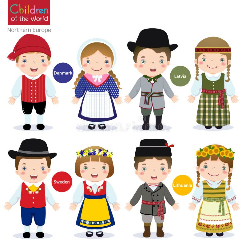 Crianças do mundo (Dinamarca, Letónia, Suécia e Lituânia) ilustração stock Crianças do mundo (Dinamarca, Letónia, Suécia e Lituânia) ilustração stock