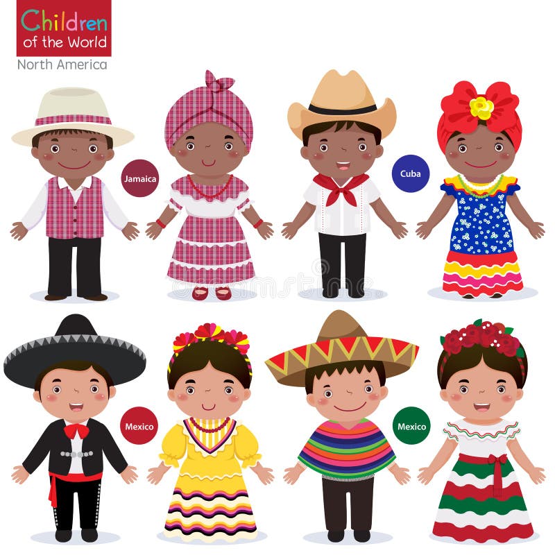 Crianças em traje-Jamaica-Cuba-México tradicional