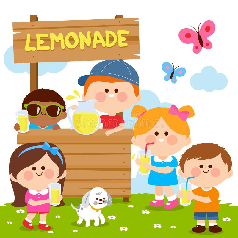 Crianças em um povoado de limonada bebendo suco de limão. ilustração vetorial