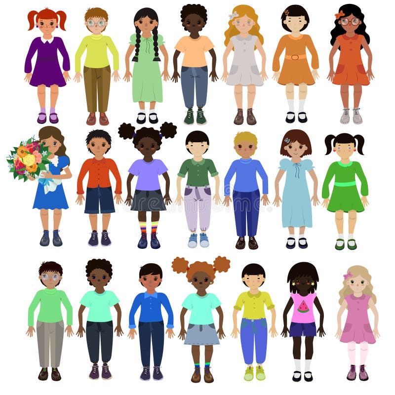 Crianças engraçadas de raças diferentes com vária imagem do vetor dos penteados e da roupa ilustração do vetor Crianças engraçadas de raças diferentes com vária imagem do vetor dos penteados e da roupa ilustração do vetor