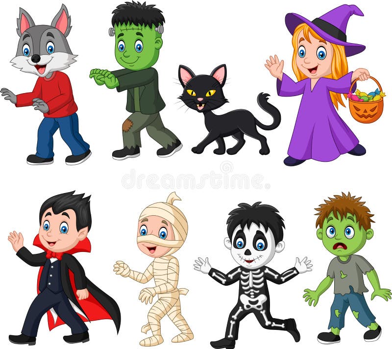 Crianças felizes dos desenhos animados com traje de Dia das Bruxas