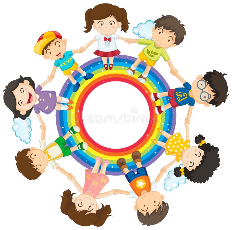 Crianças felizes que guardam as mãos em torno do círculo do arco-íris ilustração royalty free Crianças felizes que guardam as mãos em torno do círculo do arco-íris ilustração royalty free