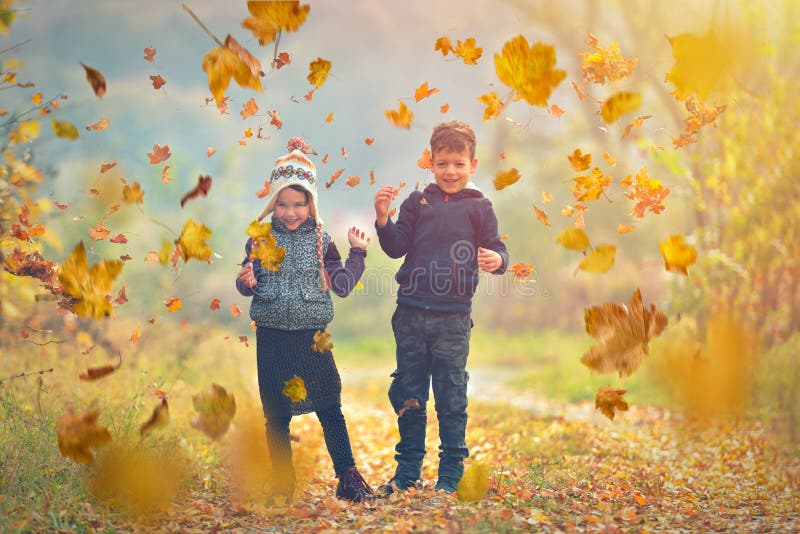 Crianças felizes que jogam com as folhas caídas outono no parque foto de stock Crianças felizes que jogam com as folhas caídas outono no parque foto de stock