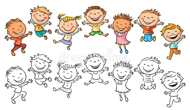 Crianças felizes que riem e que saltam com alegria