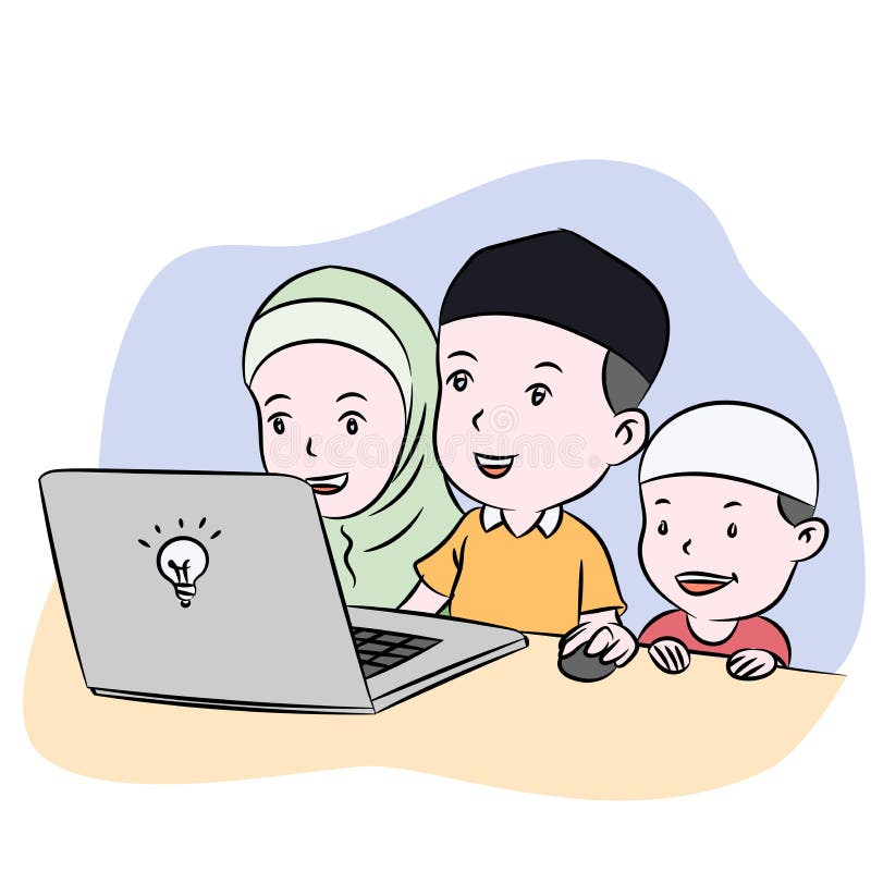 Crianças muçulmanas que olham mão desktop a ilustração tirada do vetor ilustração stock Crianças muçulmanas que olham mão desktop a ilustração tirada do vetor ilustração stock