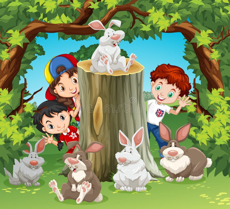 Crianças na selva com coelhos ilustração do vetor Crianças na selva com coelhos ilustração do vetor
