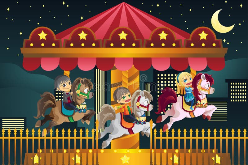 A vector illustration of children playing merry go round in an amusement park. A vector illustration of children playing merry go round in an amusement park