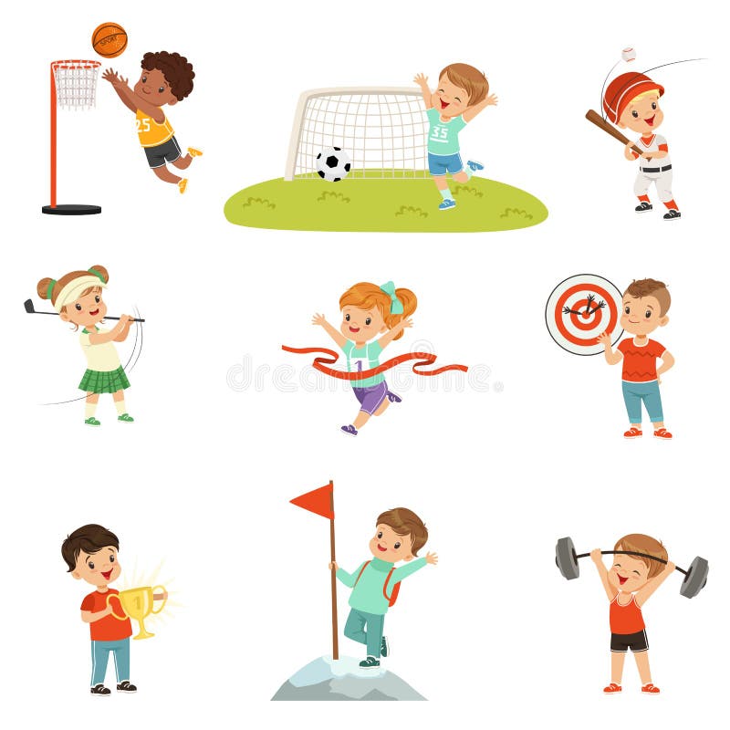 Crianças pequenas bonitos que jogam os esportes diferentes, footbal, futebol, golfe, basquetebol, basebol, tiro ao arco, alpinism ilustração do vetor Crianças pequenas bonitos que jogam os esportes diferentes, footbal, futebol, golfe, basquetebol, basebol, tiro ao arco, alpinism ilustração do vetor
