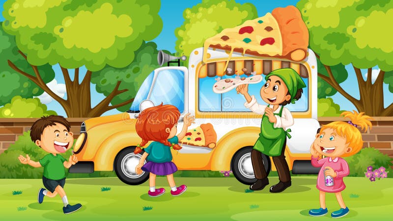 Crianças que compram a pizza do caminhão da pizza ilustração royalty free Crianças que compram a pizza do caminhão da pizza ilustração royalty free