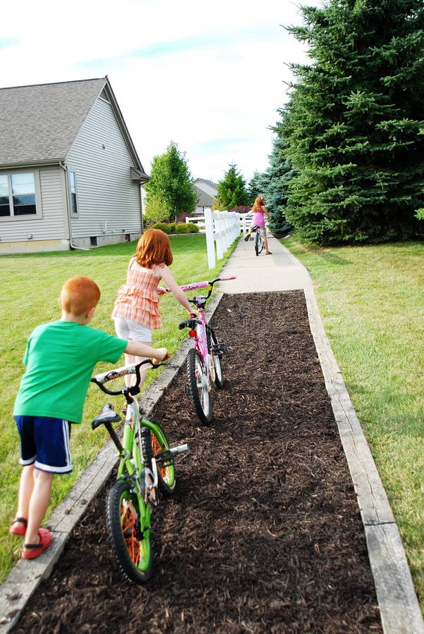 Rear view of two young girls and preschool boy pushing bikes along pathway with house in background. Rear view of two young girls and preschool boy pushing bikes along pathway with house in background.
