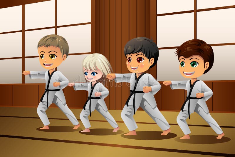 Crianças que praticam artes marciais no Dojo