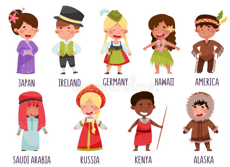 Crianças vestindo fantasias nacionais de diferentes países, conjunto de ilustração vetorial