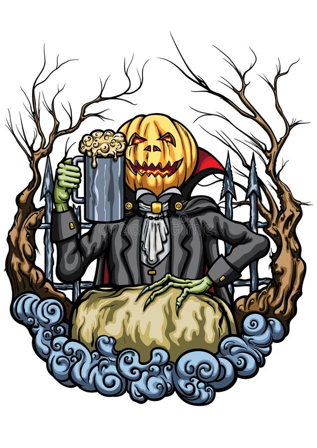 Illustration an emblem with Pumpkin Head Jack, cheering with mug of beer. Illustration an emblem with Pumpkin Head Jack, cheering with mug of beer