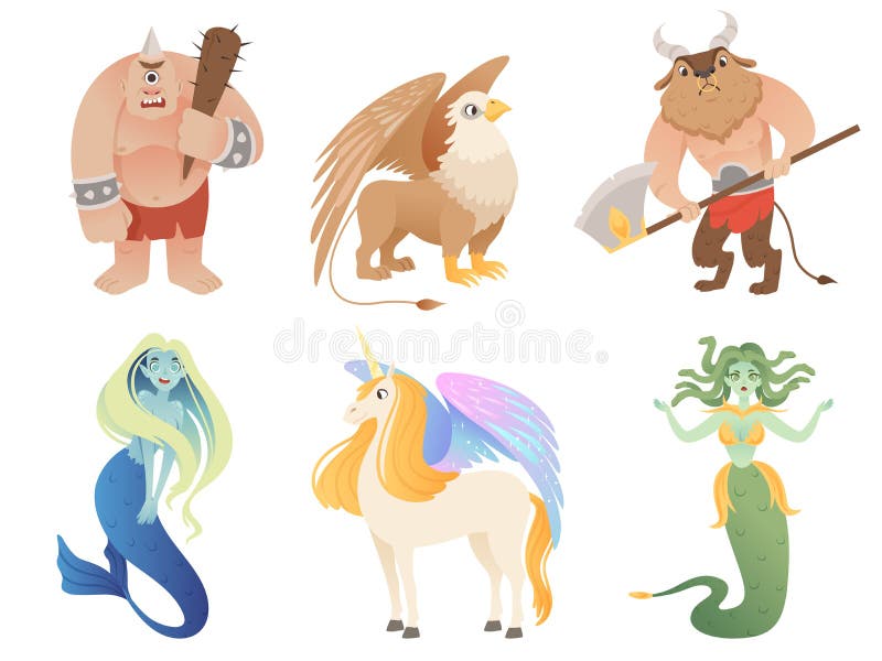 Mythical creatures. Flying lion cyclop minotaur pegasus griffin centaur vector cartoon characters. Griffin and pegasus, monster of centaur illustration. Mythical creatures. Flying lion cyclop minotaur pegasus griffin centaur vector cartoon characters. Griffin and pegasus, monster of centaur illustration