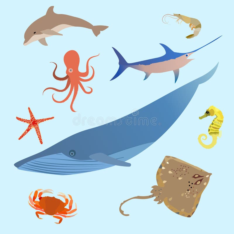 Criaturas simples de los animales lindos del océano Pulpo, pescado de la historieta del mar del tiburón Vector libre illustration