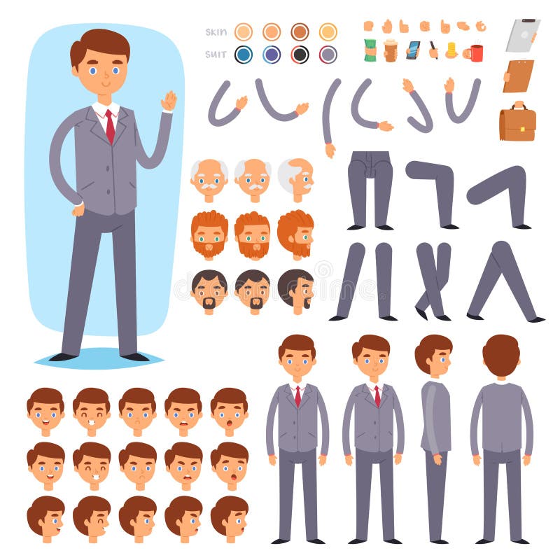 A criação do vetor do construtor do homem de negócios do caráter masculino com grupo antropoide da ilustração das emoções da cabe ilustração stock A criação do vetor do construtor do homem de negócios do caráter masculino com grupo antropoide da ilustração das emoções da cabe ilustração stock