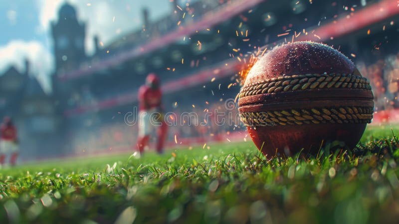 A cricket ball being fiercely hit by a bat, flying towards the boundary, with the fielders and crowd in a suspenseful