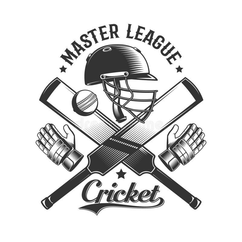 Cricket Retro Logo with Bats, Ball and Helmet. Stock Vector