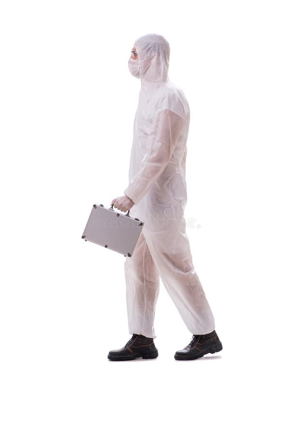 The Criminologist in Protective Suit with Steel Case Stock Photo