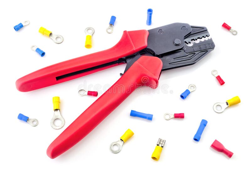Crimping tool and electrical connectors on white background stock photography