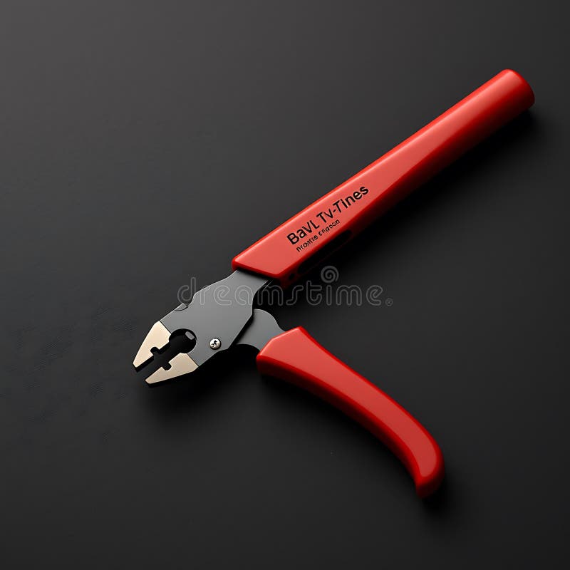 A crimping tool with a red handle against a dark textured surface with soft lighting highlighting the tools edges and its fine royalty free illustration