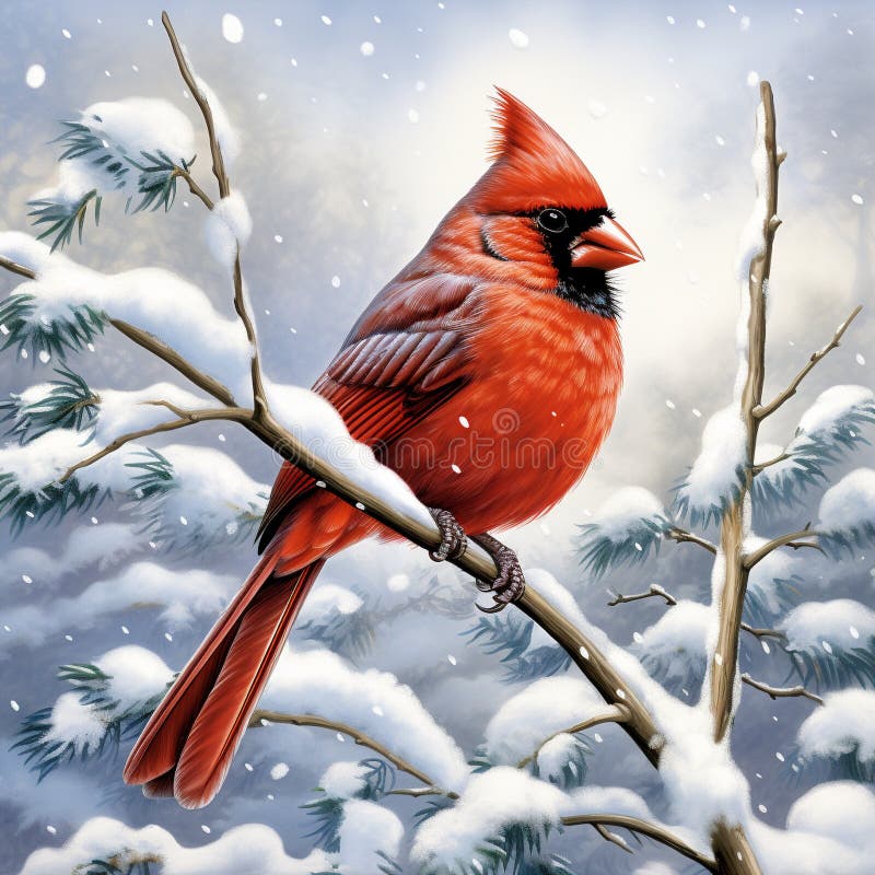 Crimson Commander - A cardinal bird shining boldly against a wintery wonderland