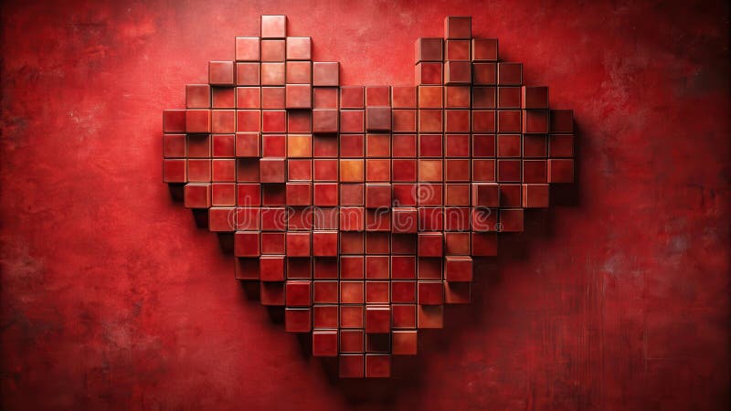 A crimson heart shaped mosaic of cubes on a deep red textured background. Generative AI vector illustration