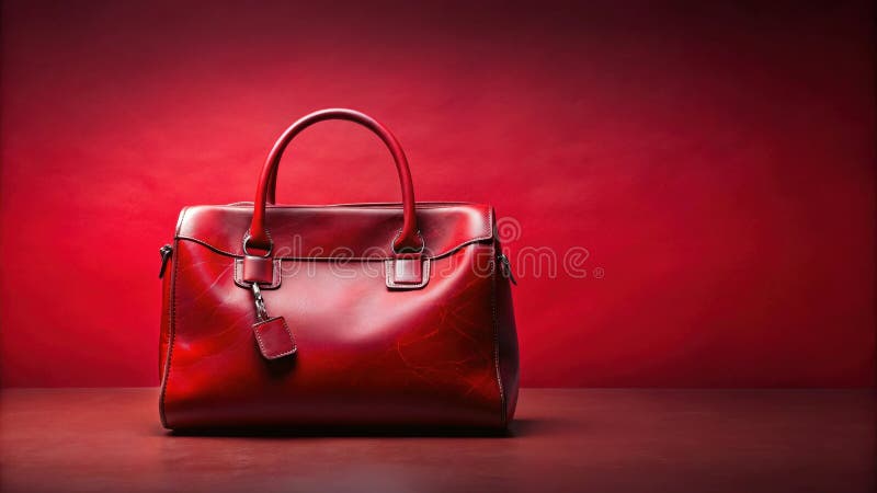 A crimson leather handbag rests on a matching surface against a deep red background. Generative AI stock illustration