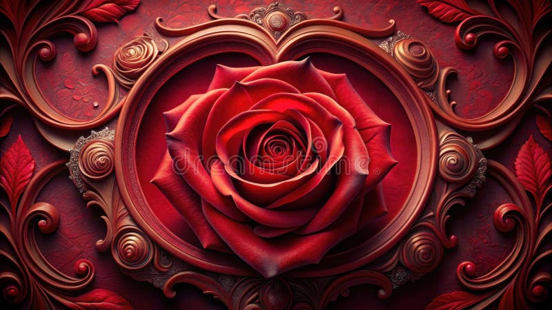 Crimson rose in an ornate gilded frame a luxurious floral design featuring intricate scrollwork and deep red hues. Generative AI vector illustration