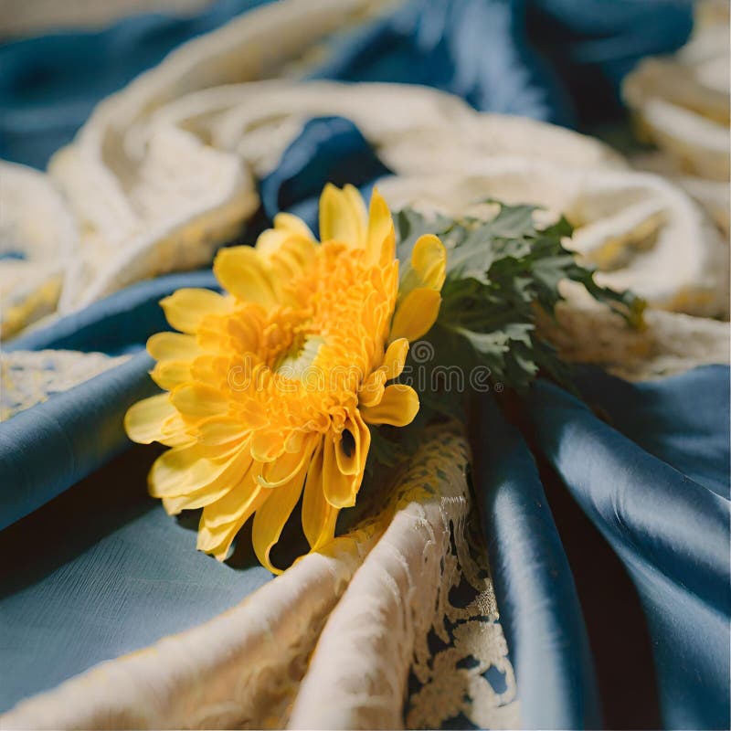 Crisantemo giallo velo bianco e blu. può essere utilizzato in copertina design book sito web background cd copertina materiale pubblicitario progetto di album e album di progettazione. biglietto di auguri d'amore.