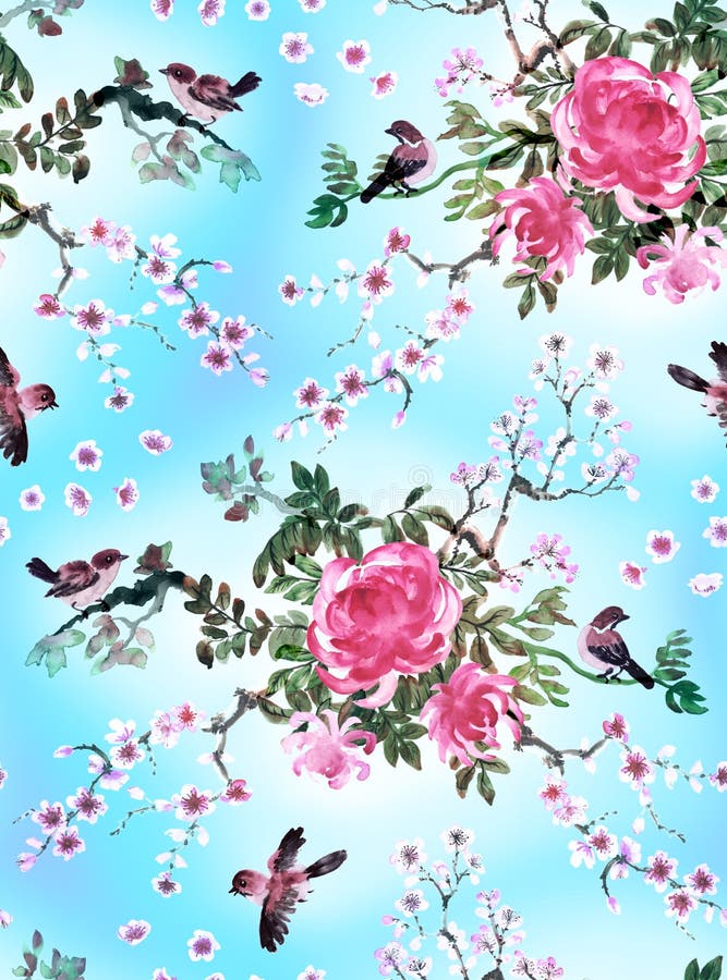 Crisantemo rosa, sakura e uccelli illustrazione di stock